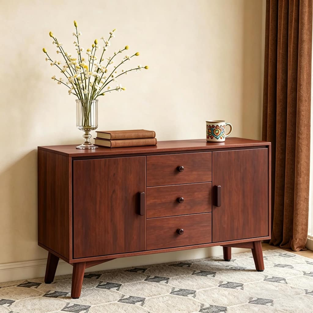 47.3" Modern Sideboard Buffet Cabinet, Solid Wood Frame Legs & Wooden Handle, Storage Cabinet with 2 Doors and 3 Drawers