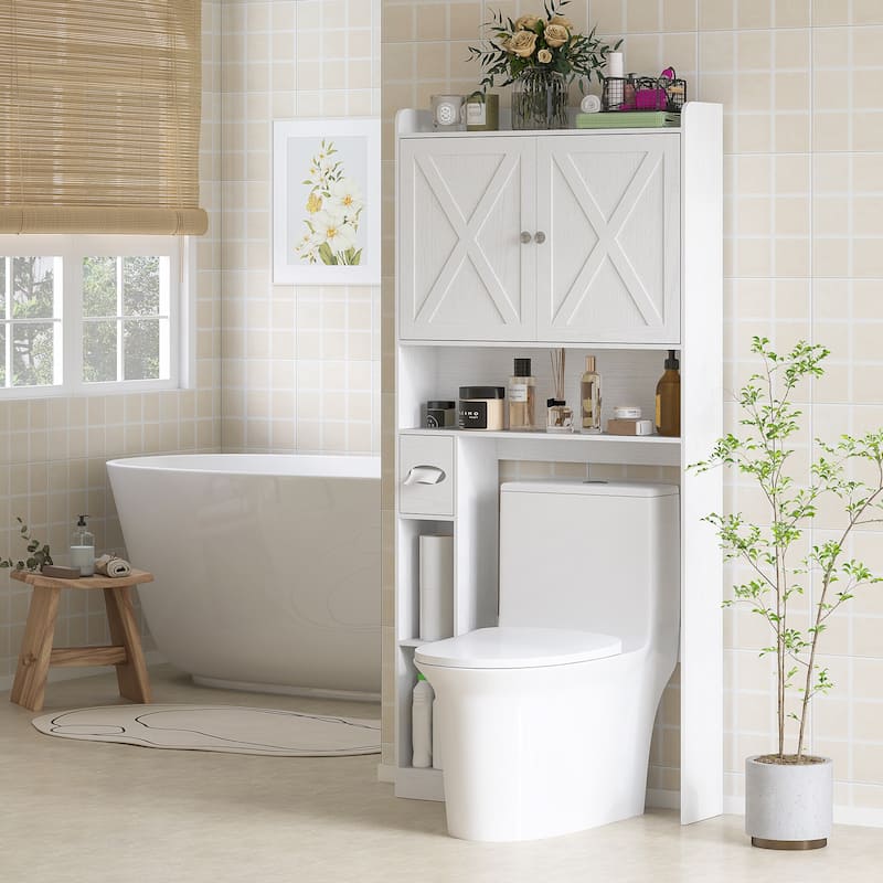 MDF Farmhouse Over Toilet Cabinet with Barn Doors and Adjustable Shelf - 32.1" W x 7.7" D x 67.7" H