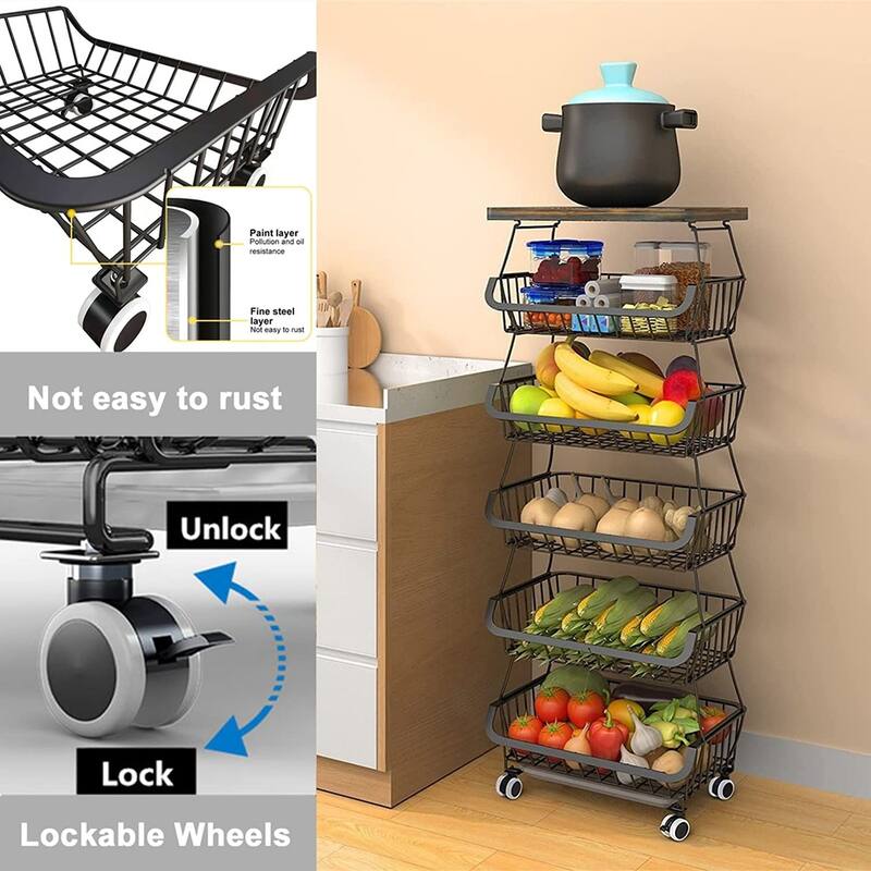 5/6-Tier Stackable Fruit Basket, Rolling Metal Cart with Wheels