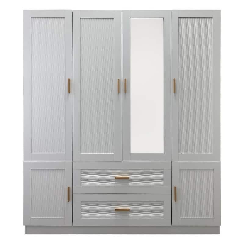 HomeRoots 75" White Ribbed Texture Wood Mirrored Six Door Two Drawer Combo Dresser