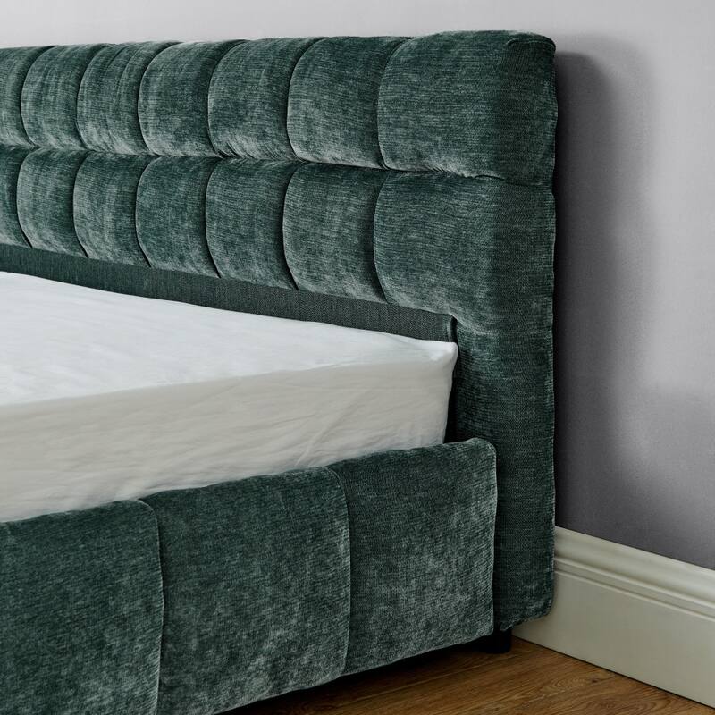 King Size Chenille Fabric Upholstered Bed with Headboard and Drawer for Storage