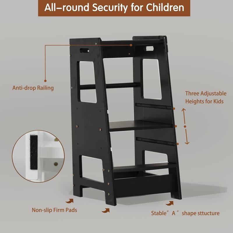 Toddler Standing Tower Kitchen Step Stool for Kids Adjustable Height Learning Stool Helper Removable Anti-Drop Safety Rail Stool