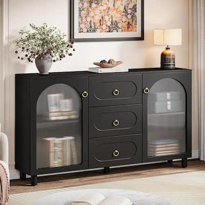 59" Large Buffet Cabinet with Storage, Wooden Storage Cabinet with 2 Acrylic Doors & 3 Drawers