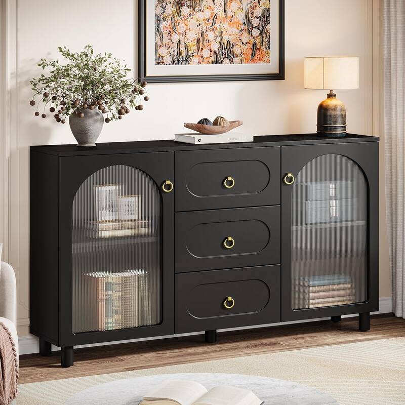 Modern Large Buffet Cabinet with Storage, 59" Wooden Storage Cabinet with 2 Acrylic Doors & 3 Drawers