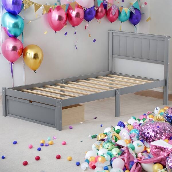 slide 2 of 18, Twin Size Platform Bed with Under-bed Drawer for Extra Storage, Solid Pine Wood and MDF, Gray Grey