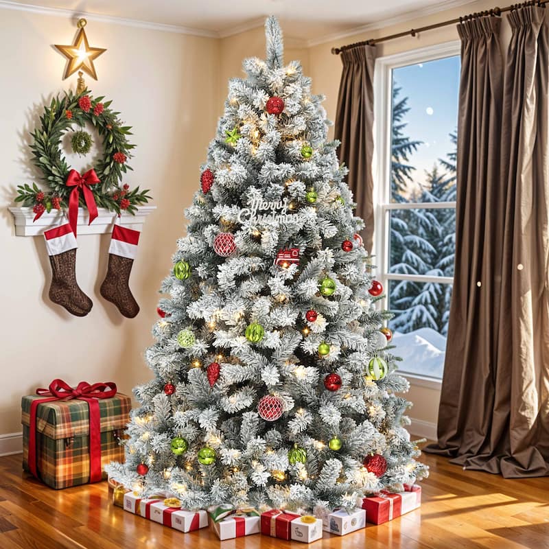 6 /7.5 /9 ft Prelit Snow Flocked Christmas Tree with Remote, 11 Light Modes & Foldable Base