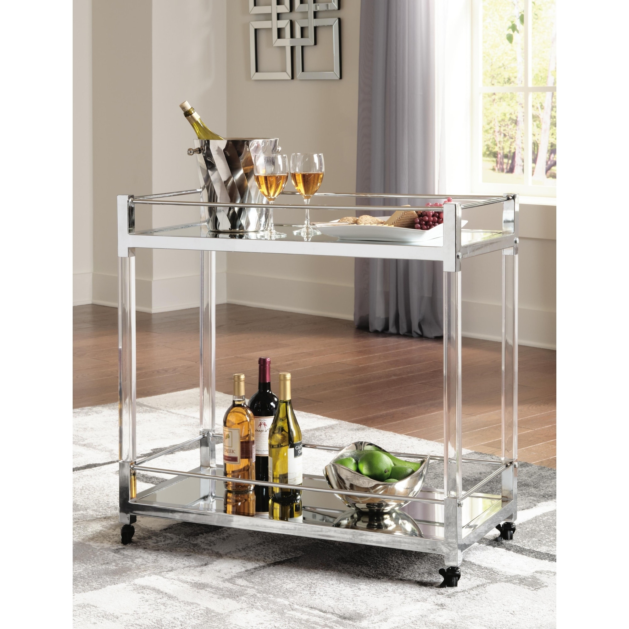 Signature Design by Ashley Chaseton Silver/Clear Bar Cart - 33"W x 16"D x 32"H
