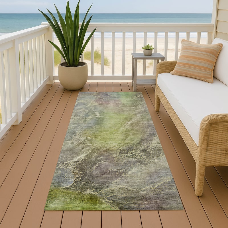 Machine Washable Indoor/ Outdoor Abstract Watercolor Chantille Rug - Green - 2'3" x 7'6"