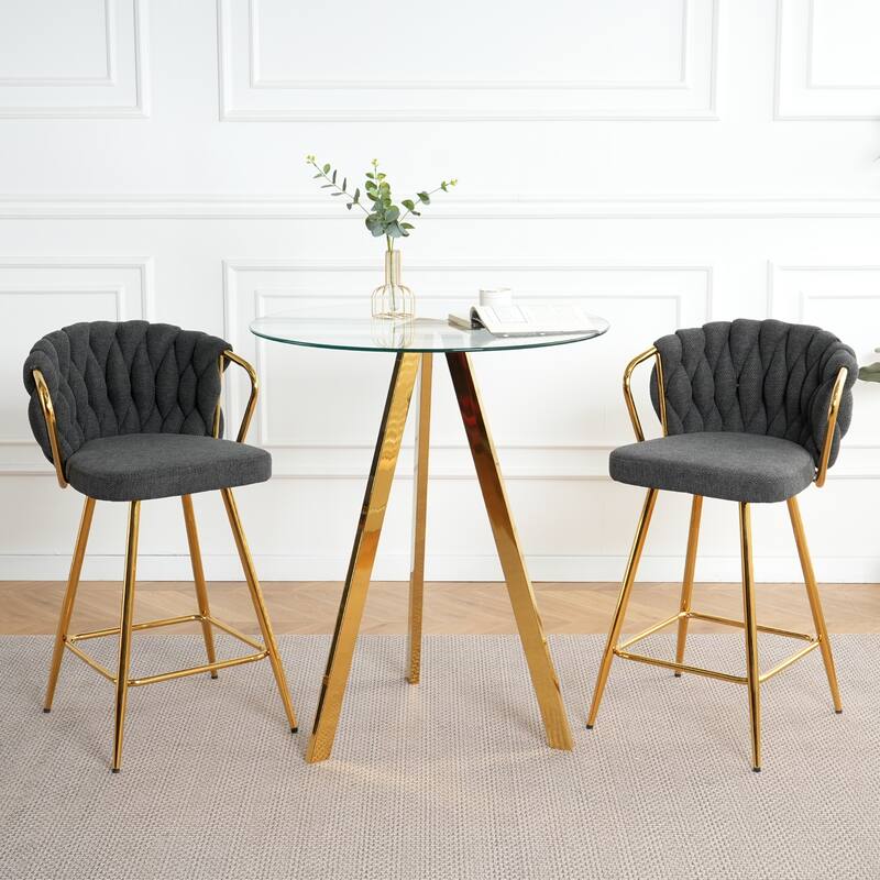 3 Piece Round Tempered Glass Dining Table Set, with Gold-plated Metal Legs - Dark Gray