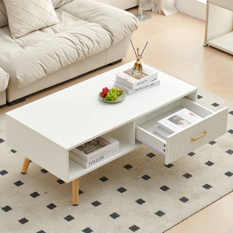 Rectangle Coffee Table with Solid Wood Legs, Sliding Drawer for Storage, Modern Table for Living Room
