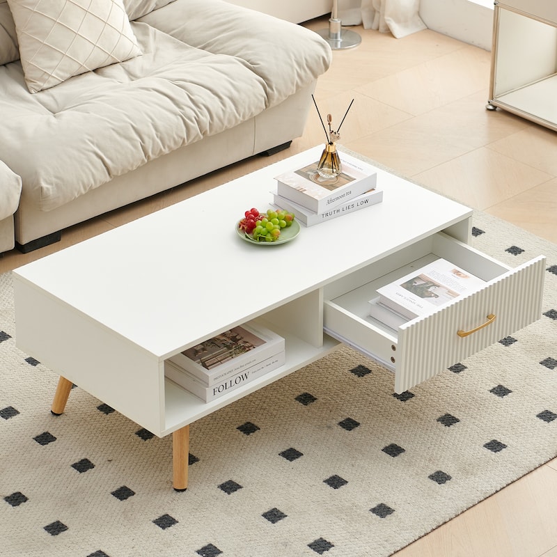 Rectangle Coffee Table with Solid Wood Legs, Sliding Drawer for Storage, Modern Table