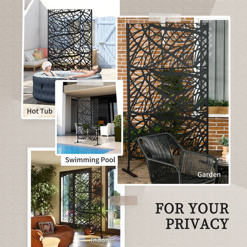 Outsunny Metal Outdoor Privacy Screen, 6.5FT Decorative Outdoor Divider with Stand and Ground Stakes