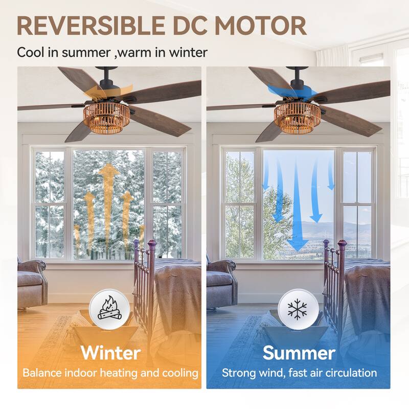 52-inch Farmhouse Ceiling Fan with Light and Remote(5 Reversible Blades）