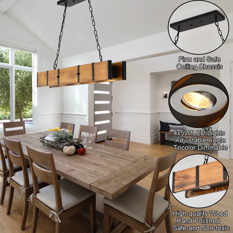 Dining Room Rustic Chandelier Farmhouse with 4x5W LED Downlight - Wood - 39.37x4.72x59in
