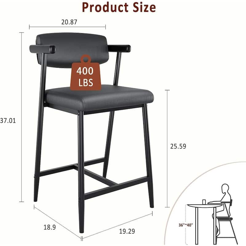 26" Counter Height Bar Stools Set of 2/4 with Arms, 2PCS/4PCS Modern Bar Stools Set with Back & Upholstered Wider Seat