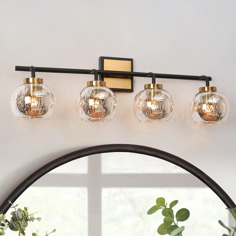 Ziv Black Gold 4-Light Modern Bathroom Vanity Light with Mercury Glass Shades - 29.5" L x 7" W x 9.5" H