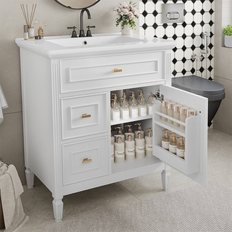 30" Bathroom Vanity with Ceramic Sink Combo, Bathroom Vanity Cabinet with 1 Flip Drawer, 2 Drawers & Adjustable Shelf