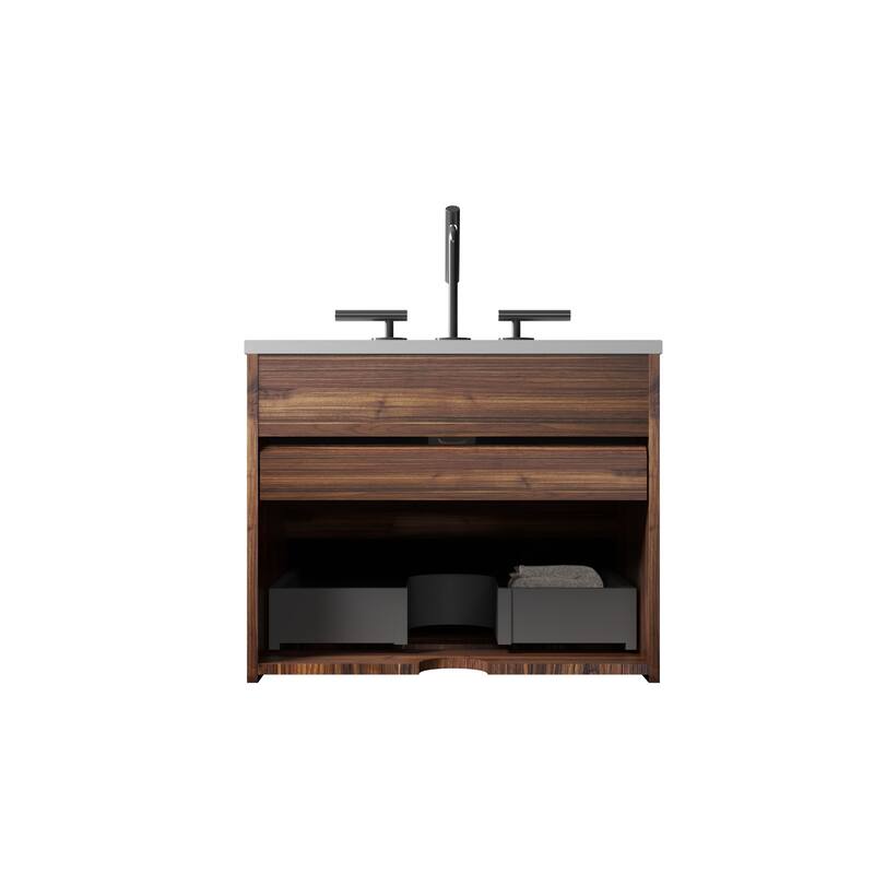 24" Wall Mounted Soft Black & Walnut Bathroom Vanity with Integrated Ceramic Sink with Overflow, with 3 holes