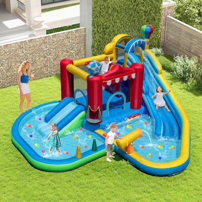 Inflatable Outdoor Water Park for Kids with Slide Ball Pit Basketball Hoop and Interactive Games - 188" x 183" x 102"