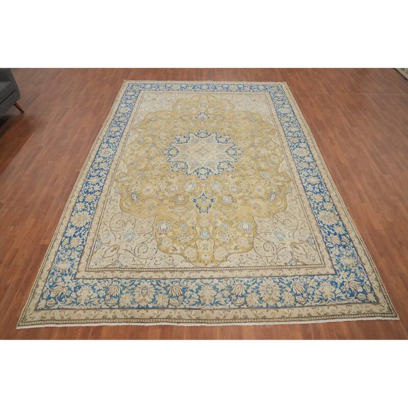 Hand Knotted Oriental 100% Wool Carpet Traditional Floral Yellow & Gold Kerman Area Rug - 13' 5'' X 9' 3''