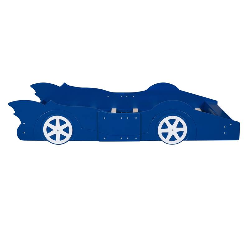 Children's Platform Bed Twin Size Racing Car Bed with Guardrail, Pine Wood Frame, Slats Support and Fun Wheel Design