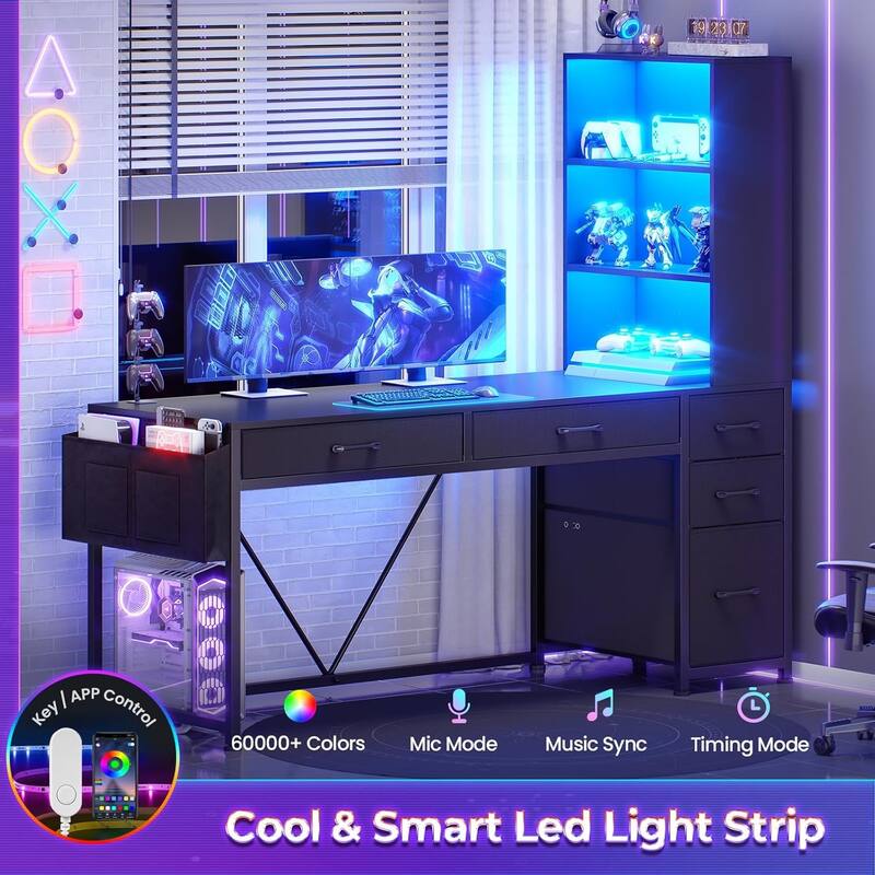 L Shaped Computer Desk 5 fabric Drawers Gaming Desk Storage Shelf