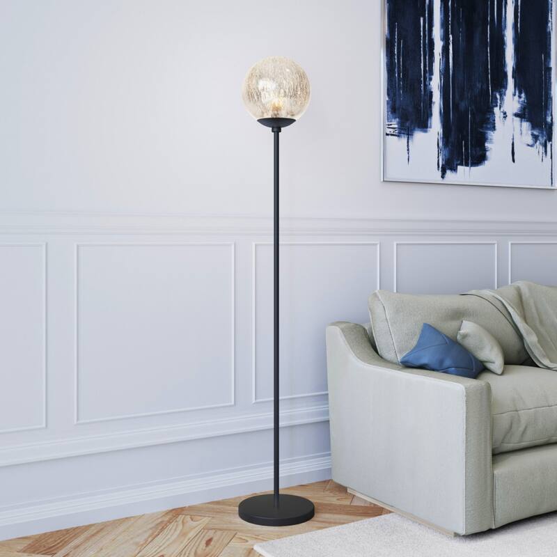 Black Steel Floor Lamp with Gold Mercury Glass Globe Shade Foot Switch - 11” x 11” x 66” (D x W x H