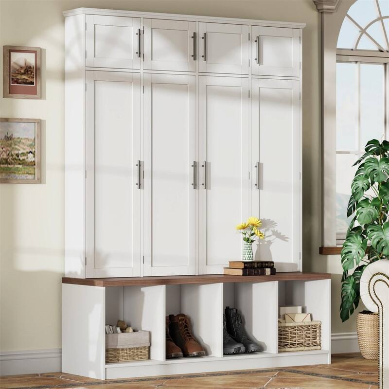 Farmhouse Hall Tree with 4 Hidden Hanging Hooks, Versatile Entryway Bench with 8 Doors, Shoe Cabinet with Open Compartments - White