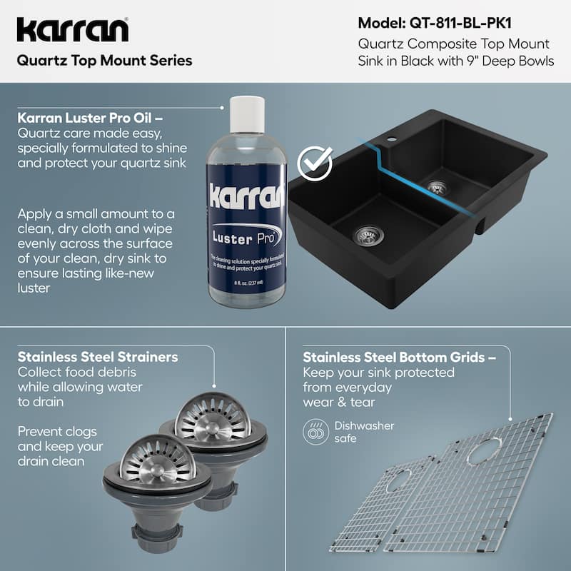 Karran 33" Top Mount Large/Small Bowl Quartz Kitchen Sink Kit - 33" x 22" x 9"