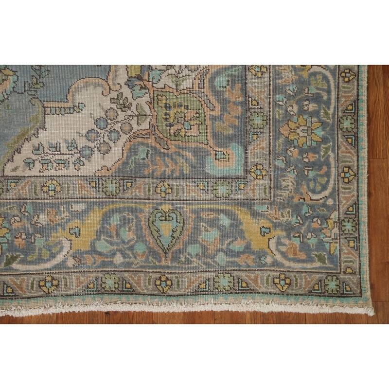 Hand Knotted Oriental 100% Wool Carpet Traditional Medallion Navy Blue & Blues Tabriz Area Rug - 9' 4'' X 6' 8''