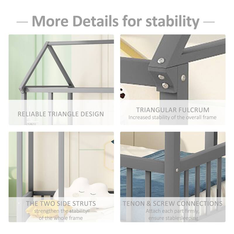 Twin/Full Size Floor Bed with Wooden House Roof Frame and Safety Guardrails for Children's Bedrooms, Small Space
