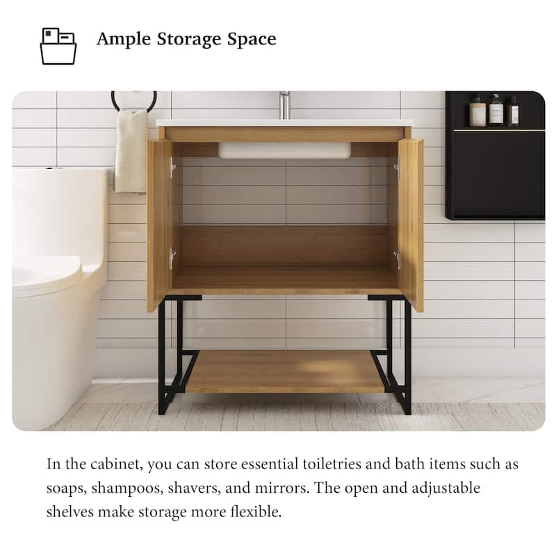 Freestanding Bathroom Vanity Set in Oak with Integrated Solid Surface Sink