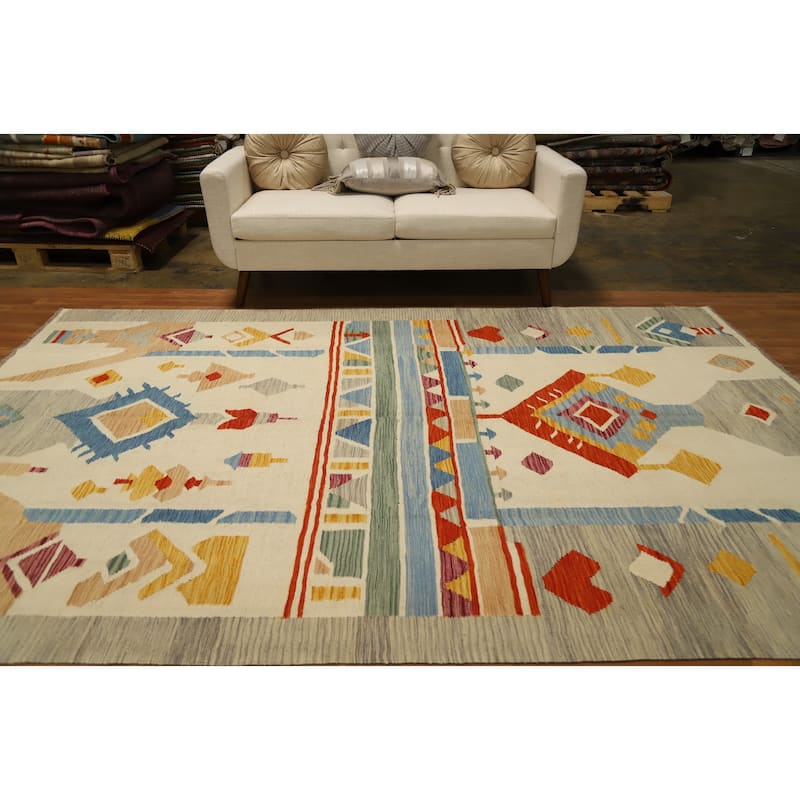 Hand Woven Oriental 100% Wool Carpet Southwestern Tribal Beige & Ivories Kilim Area Rug - 9' 10'' X 6' 5''