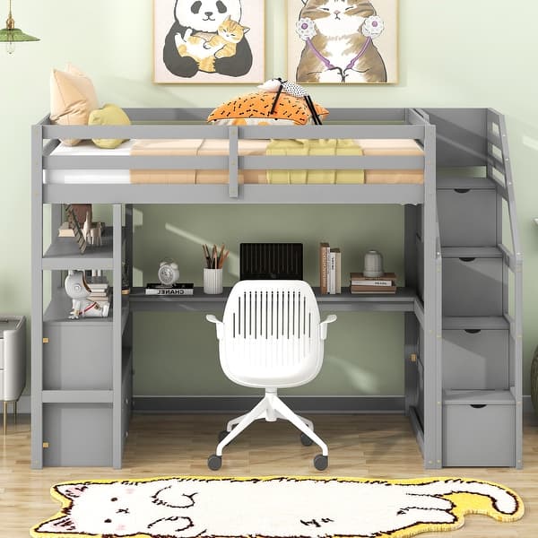 slide 2 of 12, Loft Bed wStorage Stairs, L-shape Desk Built-in 2 Drawers, Shelves Gray - Twin
