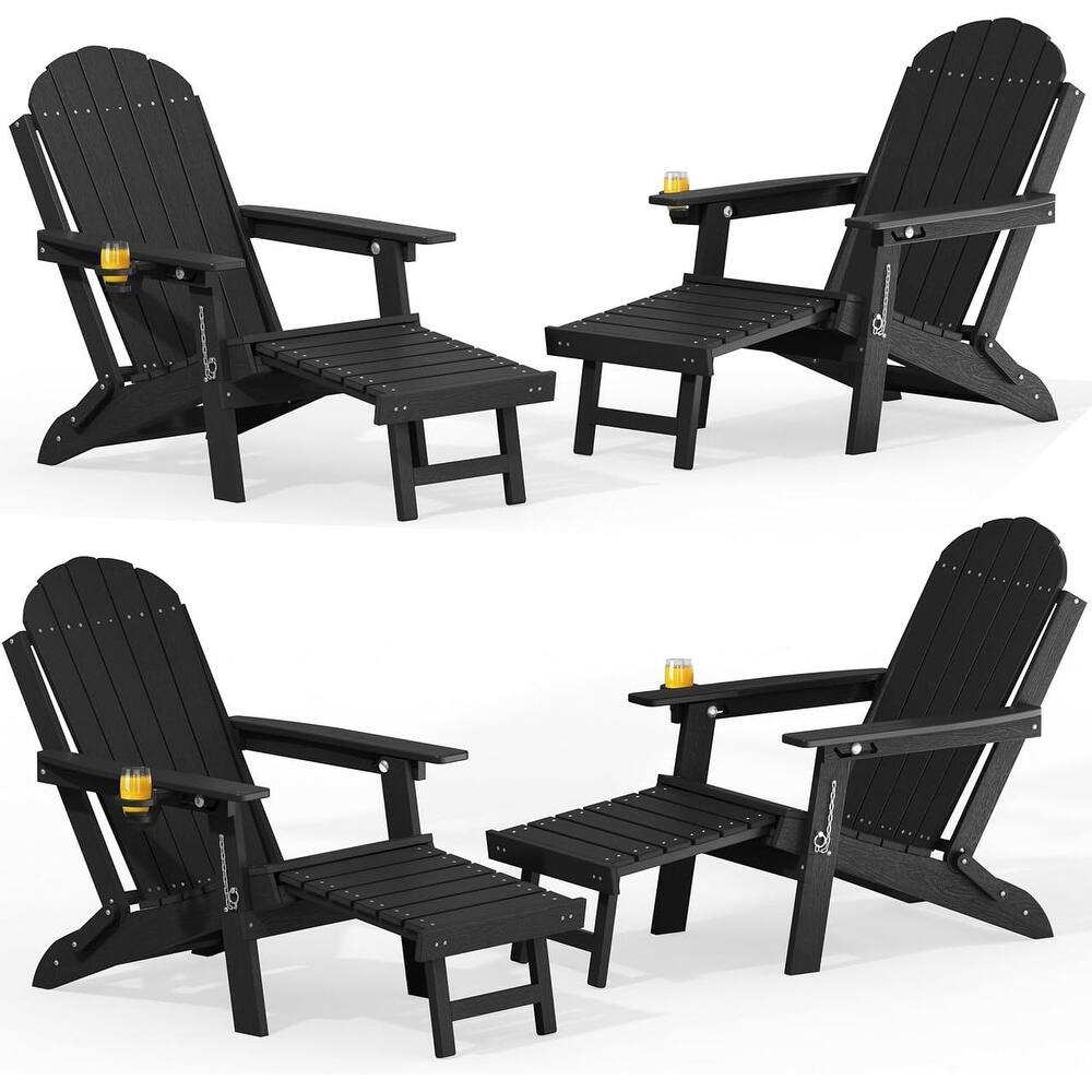 WINSOON Outdoor All-Weather HDPE Folding Adirondack Chair with Ottoman, Cup Holder & Adjustable Back Set of 4