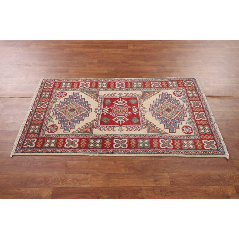 Ivory Geometric Kazak Accent Rug Hand-Knotted Wool Carpet - 2'7" x 4'3"