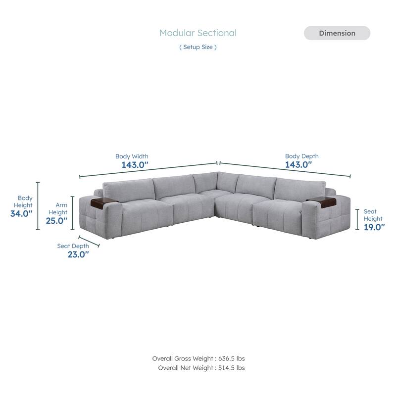 Mackay 143" Textured 5-Piece Modular Sectional Sofa with Armrest Tray
