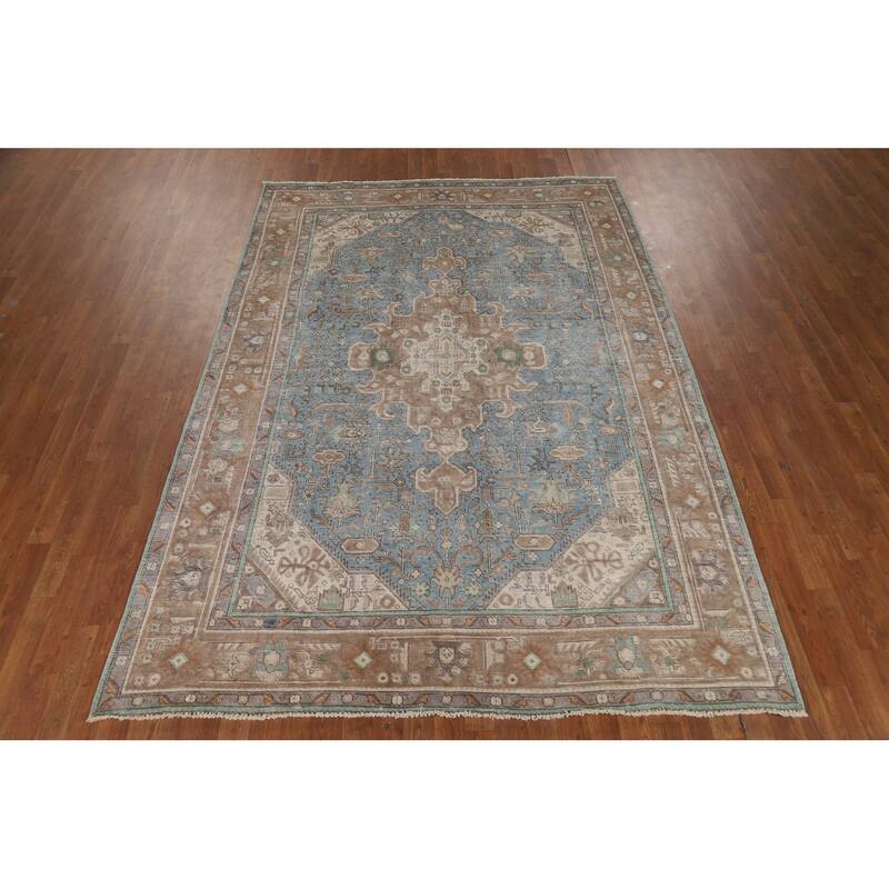 Geometric Blue Tabriz Persian Area Rug Oriental Handmade Wool Carpet - 6'5"x 9'5"