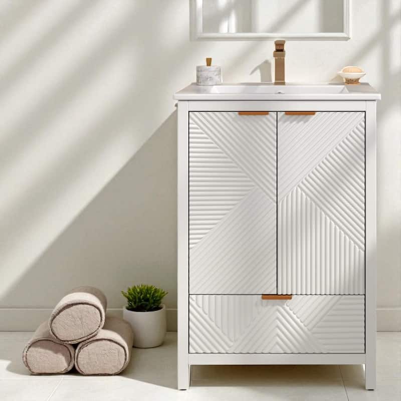 24" Bathroom Vanity with Ceramic Sink, Single Faucet Hole, Drawer Storage, Soft Close Doors and Textured Panels