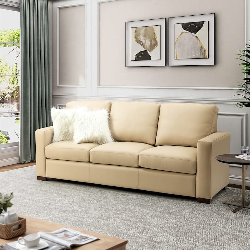 Ernando 83.46" Wide Genuine Leather Sofa with Squared Arms and Pillows