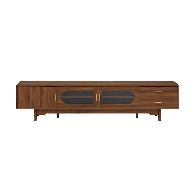 Roomfitters 78 Inch TV Stand for TVs up to 85 Inch, Media Console with Fluted Glass Doors, 2 Drawers & Solid Wood Legs, Walnut