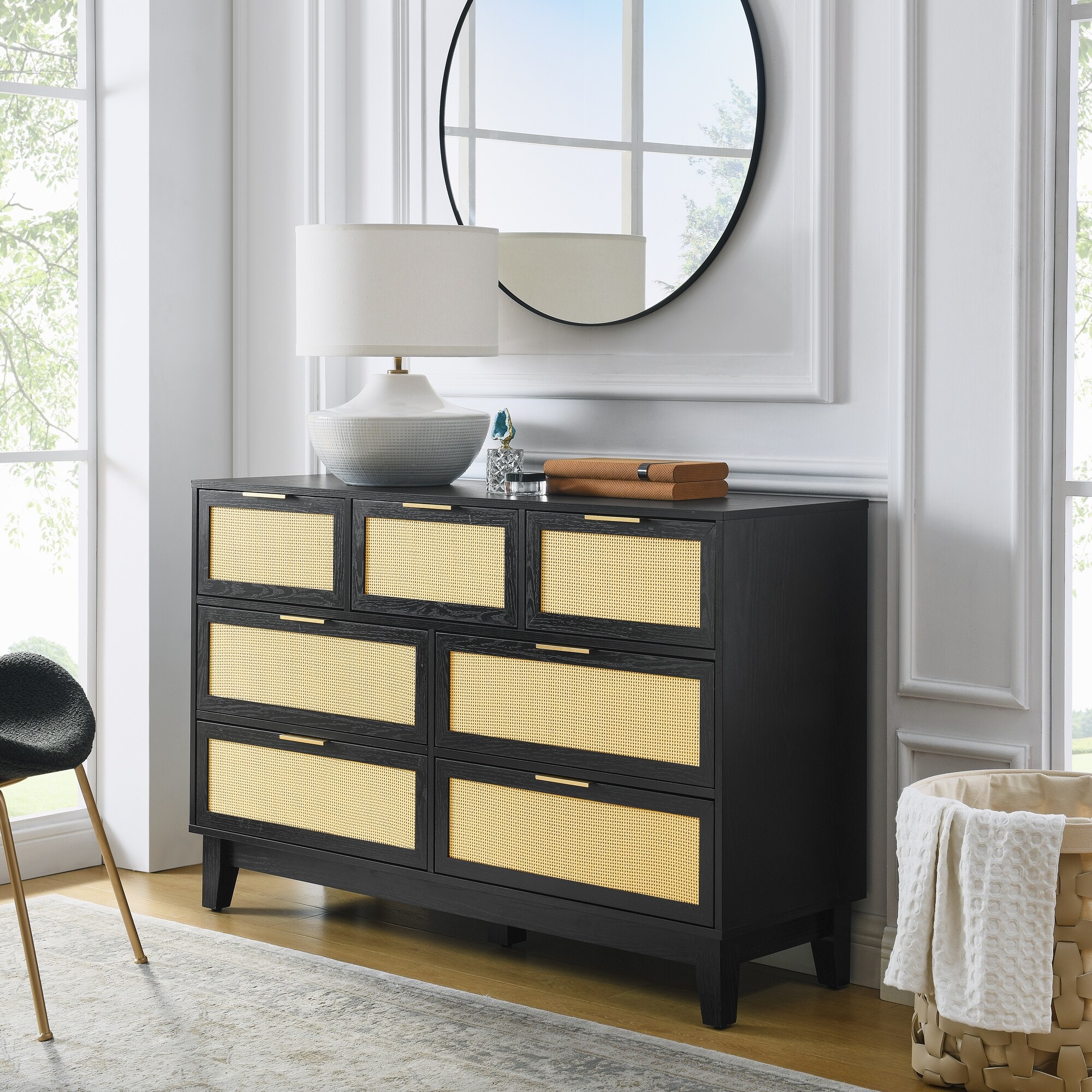 7-Drawer Bedroom Dresser, Rattan Modern Wooden Chest with Spacious Storage,  Black - Bed Bath & Beyond - 42316468