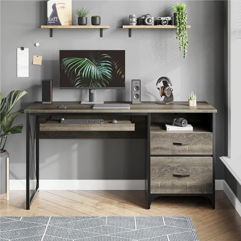 55 inch Computer Desk with Keyboard Tray and Storage Drawers