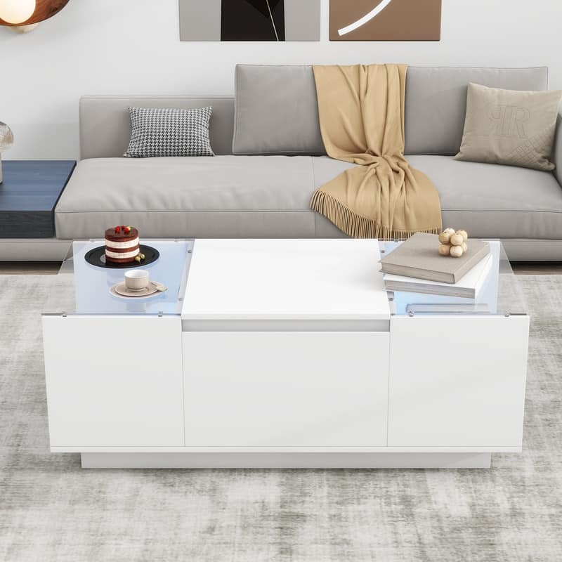 Led Coffee Table, Modern Center Table with High-Gloss Finish and Glass Tabletop, Coffee Table with Open Storage Compartment