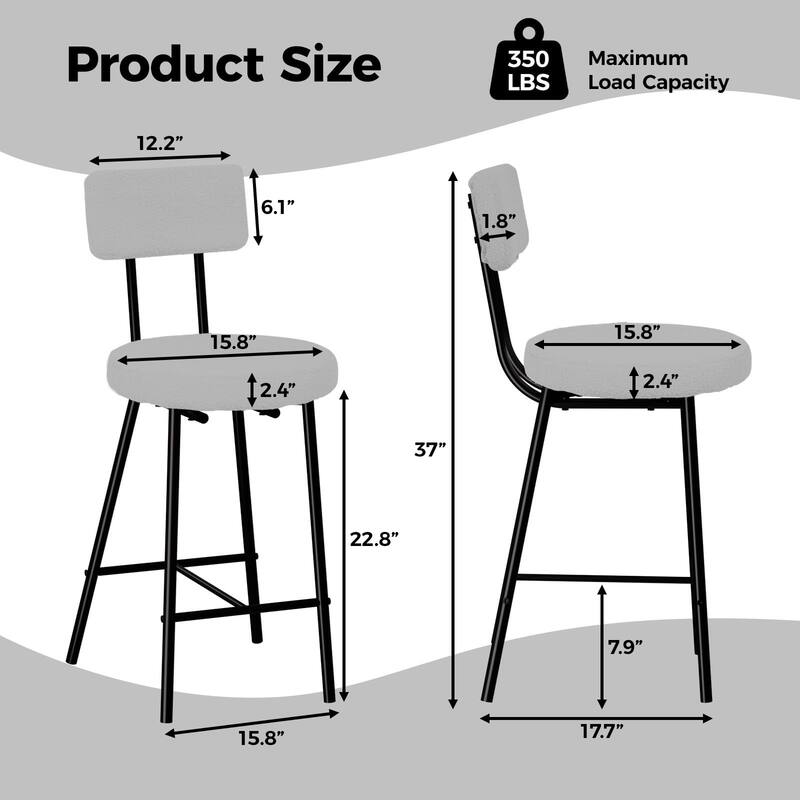 Boucle Upholstered Bar Stools Set of 2, Modern Counter Height Bar Chairs with High Back, Footrest and Metal Leg