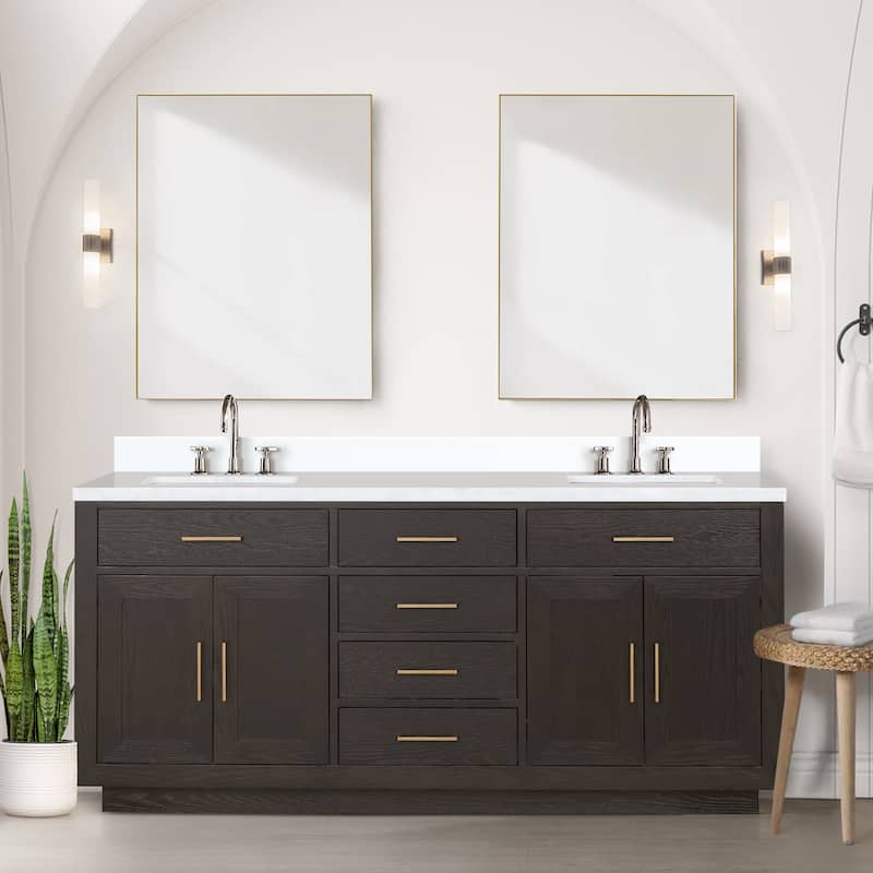 Abbey 60 in W x 22 in D Black Oak Double Bath Vanity, White Quartz Top, and 28 in Mirrors