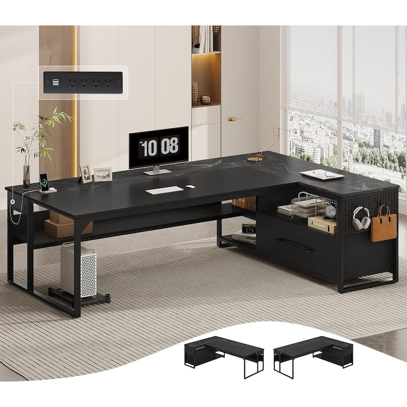 Executive Desk L Shaped Desk File Drawers Power Outlets Computer Desk - File Drawer - Black