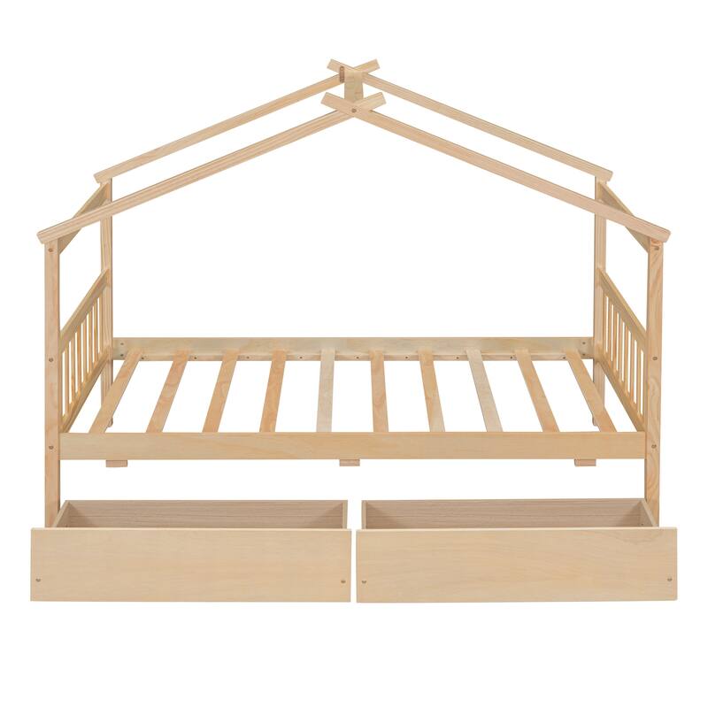 Wooden Twin/Full Size House Bed with 2 Drawers, Solid Pinewood Creativity House Shaped Sofa Bed Frame with Roof Design