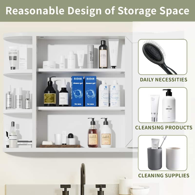 Wooden Bathroom Medicine Cabinet with Mirror Wall Mirror Storage Cabinet with Doors and 6 Open Shelves for Over Sink