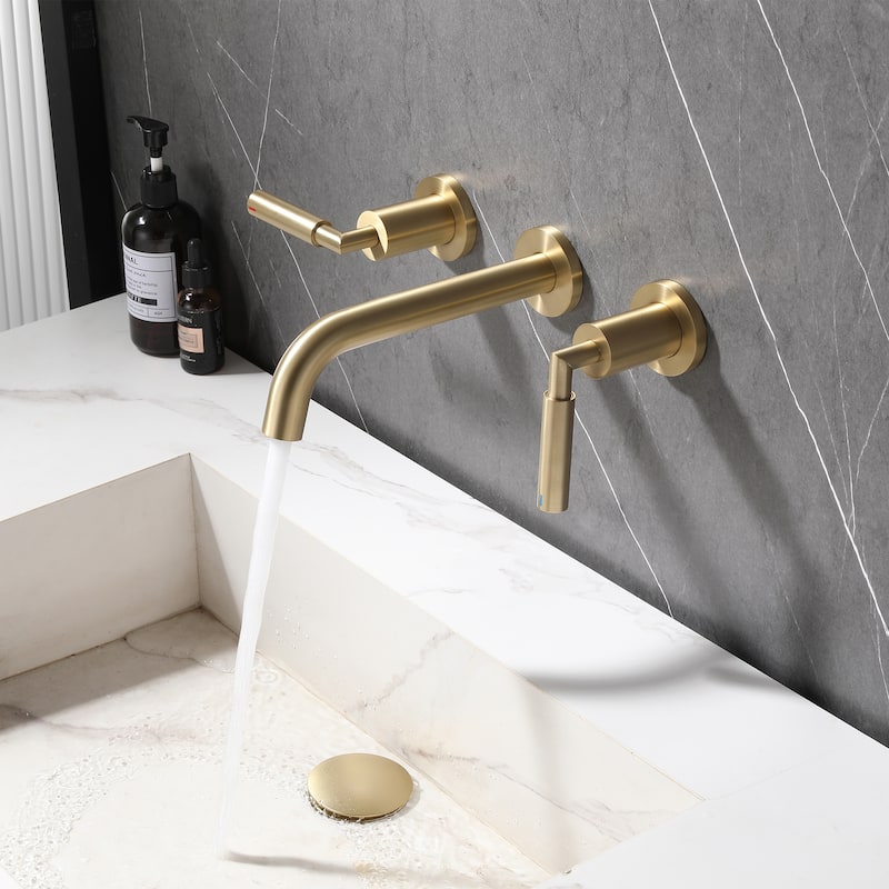 Solid Brass Wall Mounted Widespread 2-Handle Bathroom Faucet With Pop-up Drain Assembly